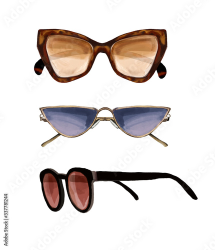 Trendy fashionable illustration with sunglasses. Raster fashion illustration on white background.