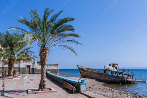 Tadjoura, Djibouti - November 09, 2019: Palms and Boats on the Sea Coastline under Blue sky