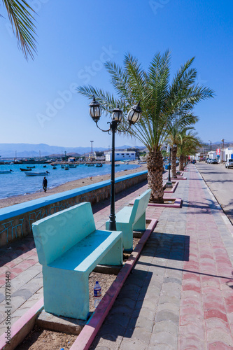 Tadjoura  Djibouti - November 09  2019  Palms and Boats on the Sea Coastline under Blue sky