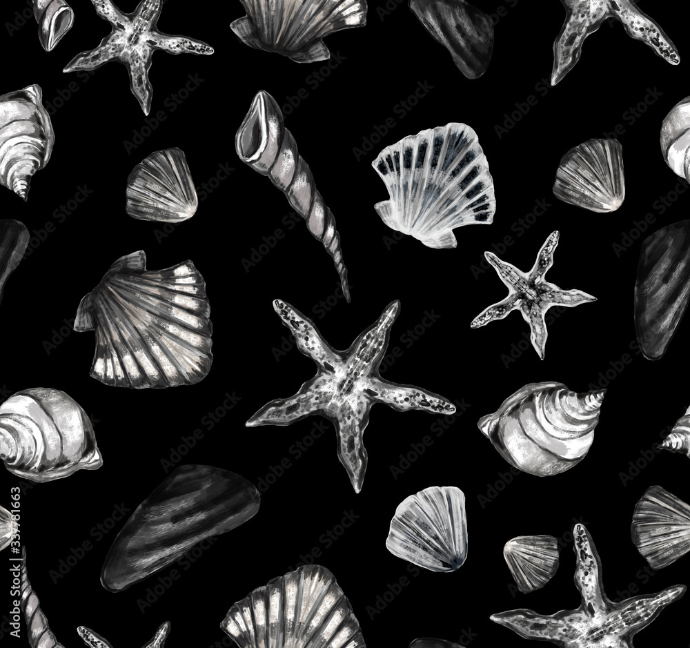 Seamless vector pattern with seashells and starfish in monochrome color on black background. Watercolor texture. Nautical background. Perfect for textile, design, wrapping and etc. Seamless vector pattern with seashells and starfish in monochrome color on black background. Watercolor texture. Nautical background. Perfect for textile, design, wrapping and etc.