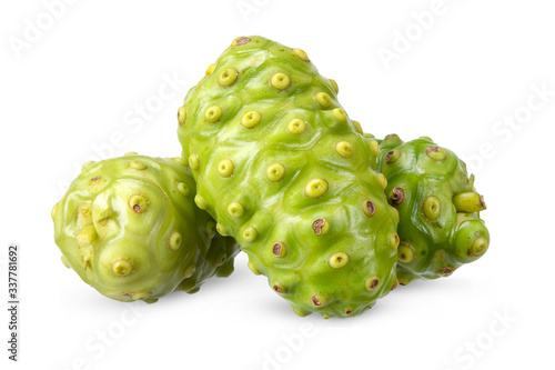 Noni or Morinda Citrifolia fruits isolated on white background (Rubiaceae Noni, great morinda, indian mulberry, beach mulberry, cheese fruit, Gentianales)