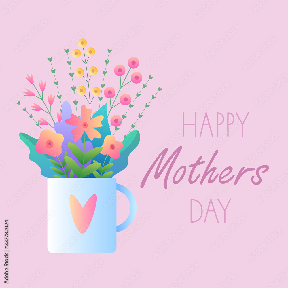 Greeting card Happy Mothers Day. Vector illustration with flowers, hearts, a bouquet of flowers in a mug and beautiful text on a pink background. Nice postcard for your holiday.