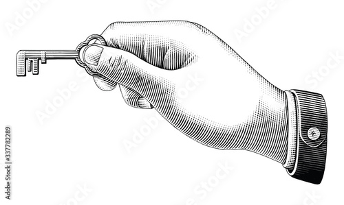Human hand holding key drawing vintage style black and white clip art isolated on white background