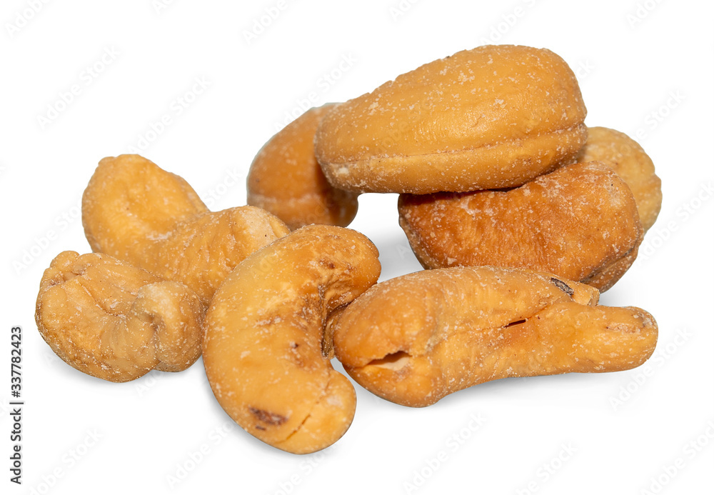 Roasted cashew nuts on white background