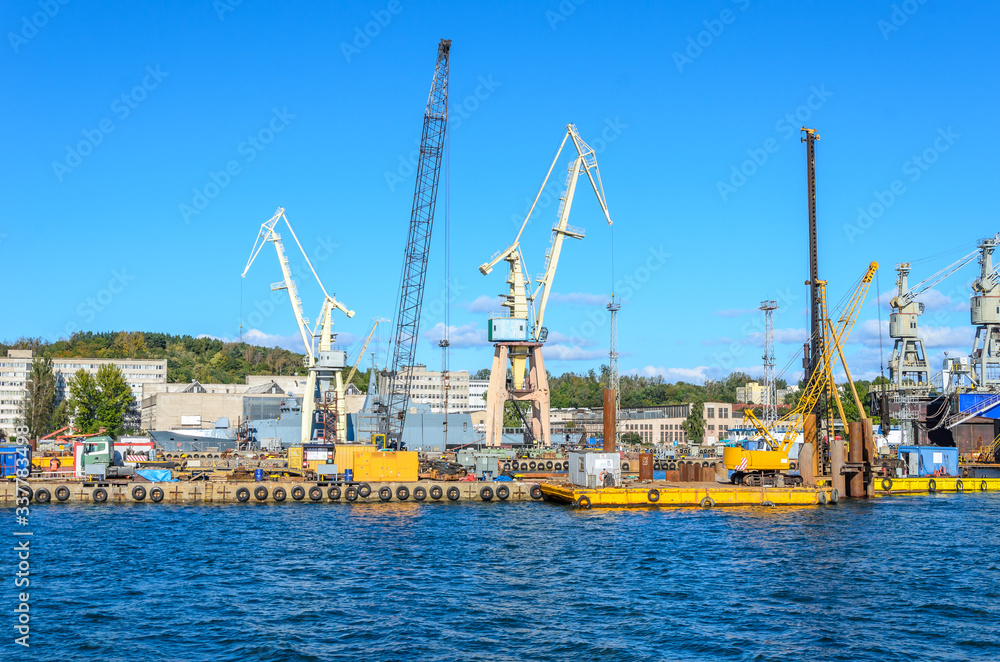 Cranes in shipyard, port of Gdynia, Poland.