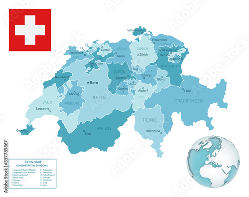 Switzerland administrative blue-green map with country flag and location on a globe. Vector illustration