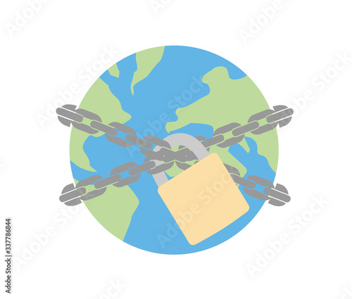 Vector 2D image of the world with a chain and lock - global lockdown due to Coronavirus