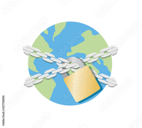 Vector image of the world with a chain and lock - global lockdown due to Coronavirus