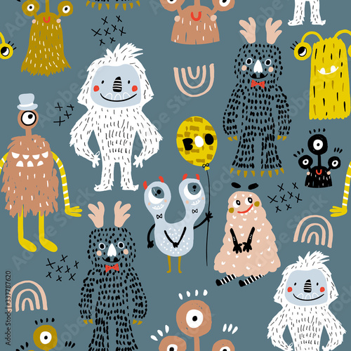 Childish seamless pattern with creative monsters. Funny monsters vector background. Perfect for kids apparel, textile, fabric.