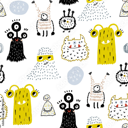 Childish seamless pattern with creative monsters. Funny monsters vector background. Perfect for kids apparel, textile, fabric.