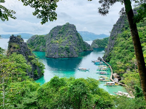 Beautiful view of the bay and the turquoise waters of Coron island in Palawan