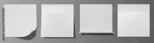 Square adhesive symbols. White tags, paper rectangular stickers with peeling corner, isolated Square plastic mockup signs, vector illustration