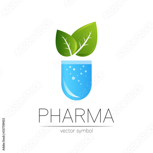 Pharmacy vector symbol with green leaf for pharmacist, pharma store, doctor and medicine. Modern design vector logo on white background. Pharmaceutical blue icon logotype tablet pill capsule. Health