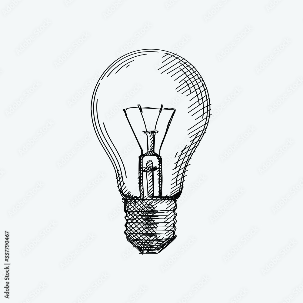 Handdrawn sketch of a globe light bulb. Incandescent light bulb, incandescent lamp or