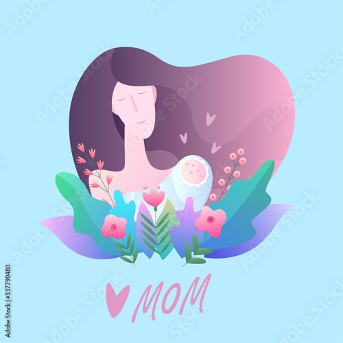 Greeting card Happy Mothers Day. Vector illustration with mom and baby  flowers  hearts  and beautiful text on a blue background. Nice postcard for your holiday.