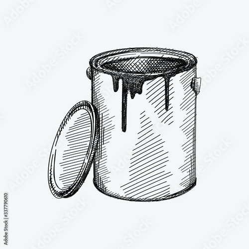 Hand-drawn sketch of an opened paint can with lid neat the can on a white background. Pant flows down the can. Tools for painting walls. Painting gadjets. Painter's kit.