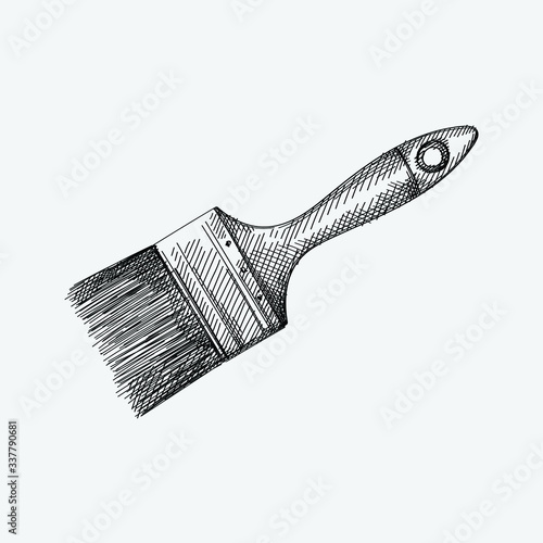 Hand-drawn sketch of paint brush for walls on a white background. Brush for painting.Tools for painting walls. Painting gadjets. Painter's kit