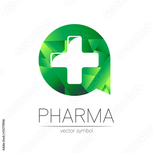 Pharmacy vector symbol with cross in green circle for pharmacist, pharma store, doctor and medicine. Modern design vector logo on white background. Pharmaceutical icon logotype. Human Health