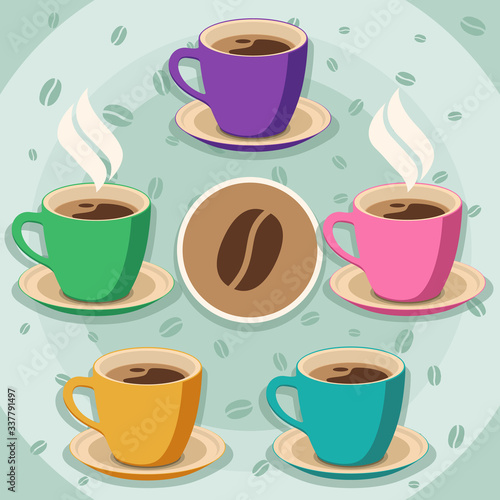 Set of 5 Coffee Cups on light background. Flat Style vector Illustration. Decorative Design for Cafeteria  Posters  Cards  Banners 