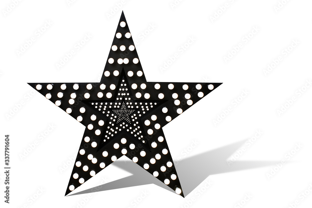 Photo an isolated decorative star with lamps, a huge star with a garland, a black star studded with burning bulbs, a decorative luminous star, the light is on.Decor Studio Photo an isolated decorative star with lamps, a huge star with a garland, a black star studded with burning bulbs, a decorative luminous star, the light is on.Decor Studio