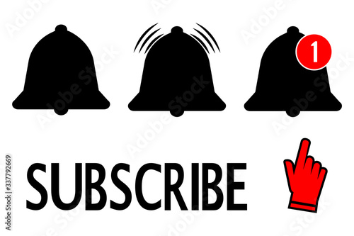 Subscribe, bell icon and a hand cursor. Message bell sign. Icons for social media apps, alert ringing or subscriber alarm symbol, channel messaging reminders bells
