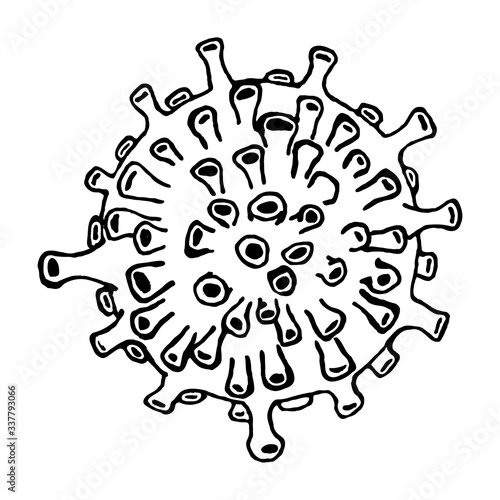 Coronavirus 2019-nCov icon. Black virus on white background isolated. Vector doodle illustration. Bacteria logo hand drawn. Cell COVID-19 under microscope. Symbol of Novel Corona Virus flu outbreak.