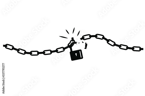 Simple Conceptual Illustration, Vector Silhouette of chain and broken padlock, isolated on white
