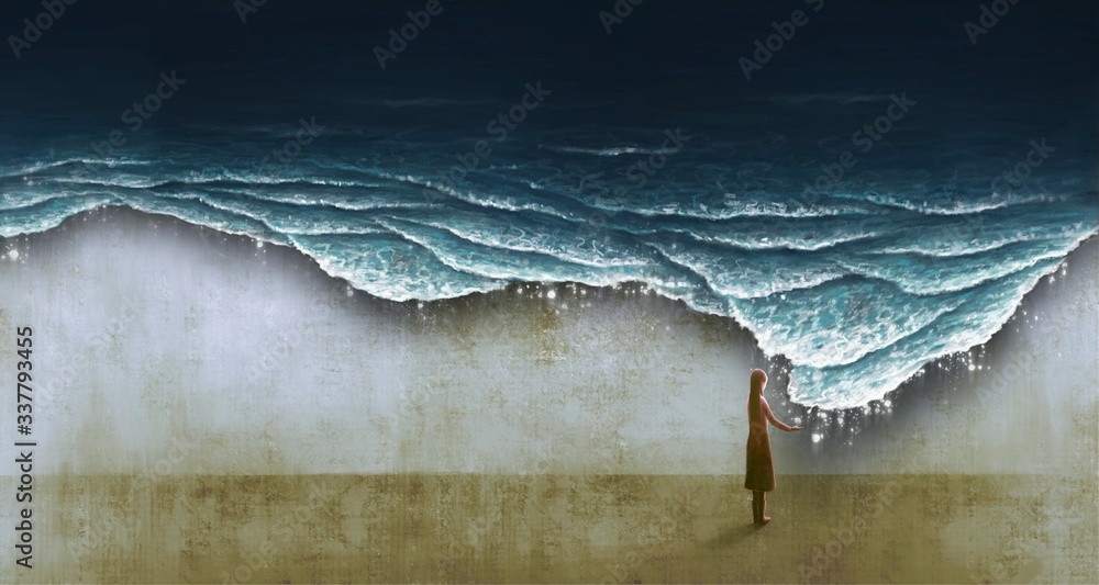 Young woman alone with Surreal sea, painting - obrazy, fototapety, plakaty 