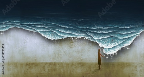 Young woman alone with Surreal sea, painting