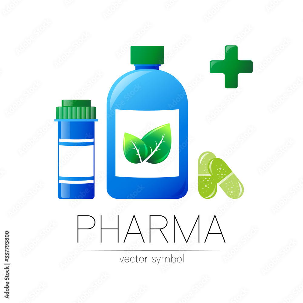 Fototapeta premium Pharmacy vector symbol with 2 blue pill bottles and cross, capsule tablet for pharmacist, pharma store, doctor and medicine. Modern design logo on white. Pharmaceutical icon logotype . Human health