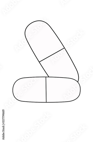 Vector drawings on a medical theme, icons for the medical business, flat black and white graphics, hard-coated pills, enteric-soluble pills, soluble tablets, medicine, doctor's prescription, illness, 
