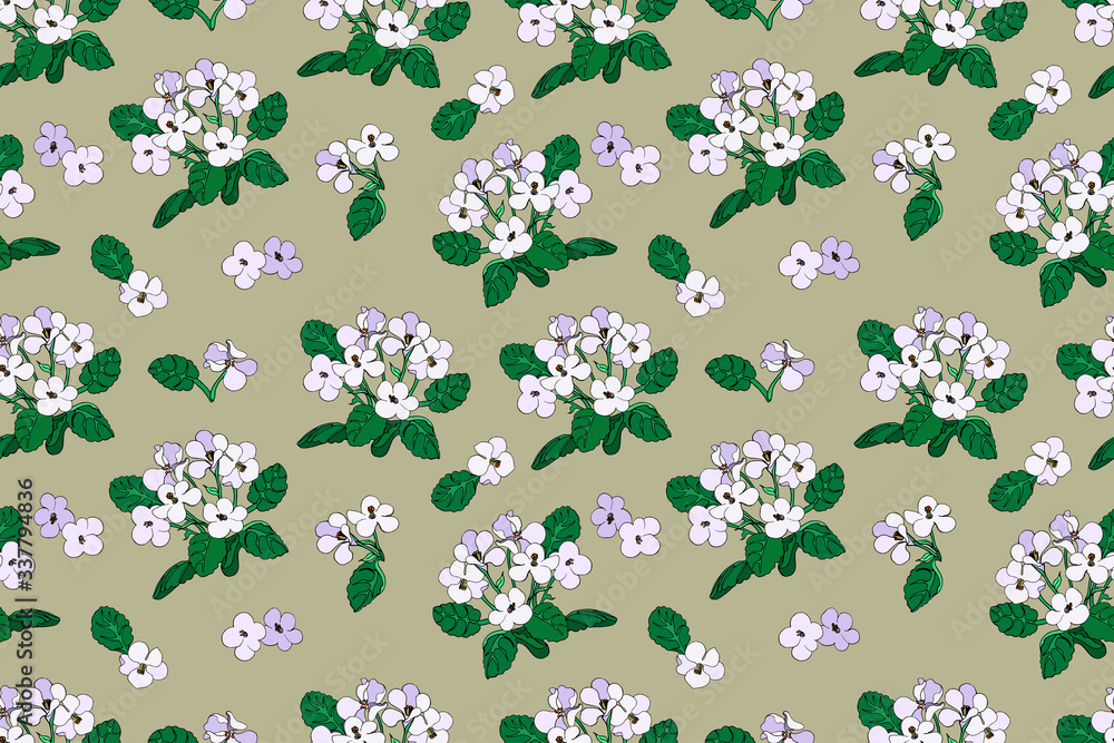 Seamless pattern Cartoon, bouquet Violets indoor flowers outline, on beige background, outline hand drawn vector illustration, floral print for decorating textiles, wallpaper, fabric, wrapping paper.