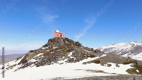 Sierra Nevada , Granada Spain panoramic landscape winter view. Mountains , snow, blue sky, sunny day