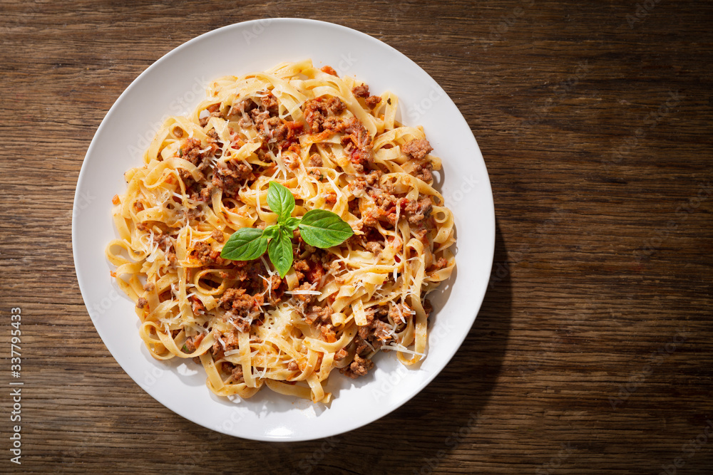 plate of pasta bolognese, top view plate of pasta bolognese, top view
