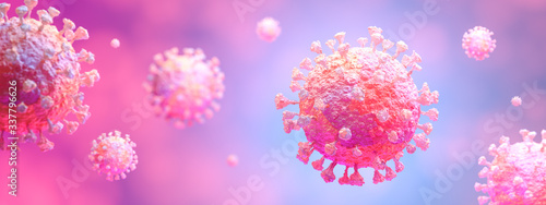 Coronavirus 2019-nCov novel coronavirus outbreak concept background. Microscopic view of floating influenza virus cells. 3D illustration.