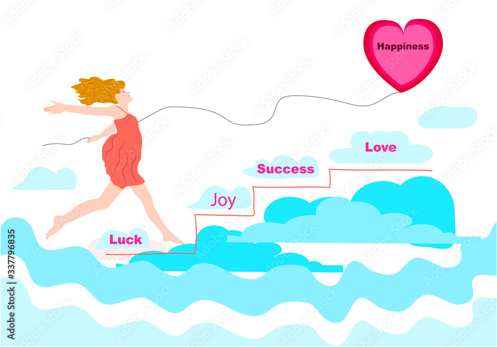 A girl runs through the clouds in her hands a cord from a balloon on it is the inscription Happiness. Dreams of a girl about success, prosperity and love in life. Abstract infographics