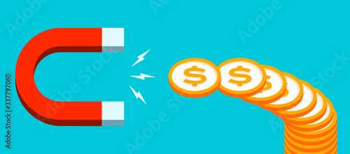 Magnet for money. Coin attraction. Loadstone icon in flat style, simple tool on color background. Vector design element for you project 