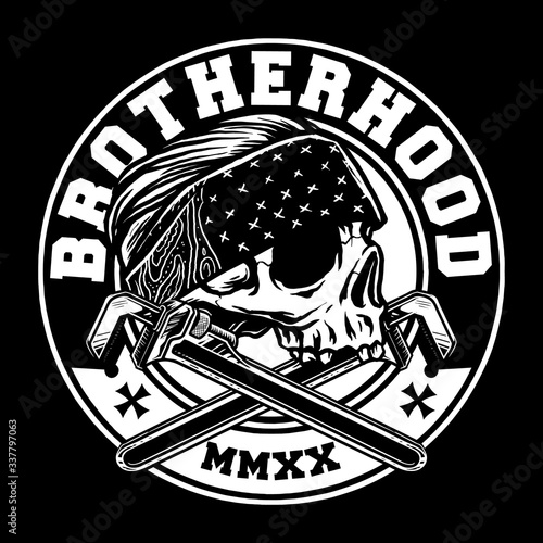 skull wearing head ban or bandana and cross wrench brotherhood rider vector illustration