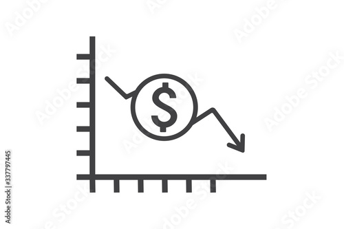 Money crisis icon vector, Dollar rate decrease vector line icon. Money symbol with down arrow. Lower cost icon. Business lost crisis decrease vector illustration. money crisis due to coronavirus 