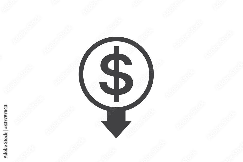 Money crisis icon vector, Dollar rate decrease vector line icon. Money symbol with down arrow. Lower cost icon. Business lost crisis decrease vector illustration. money crisis due to coronavirus Money crisis icon vector, Dollar rate decrease vector line icon. Money symbol with down arrow. Lower cost icon. Business lost crisis decrease vector illustration. money crisis due to coronavirus