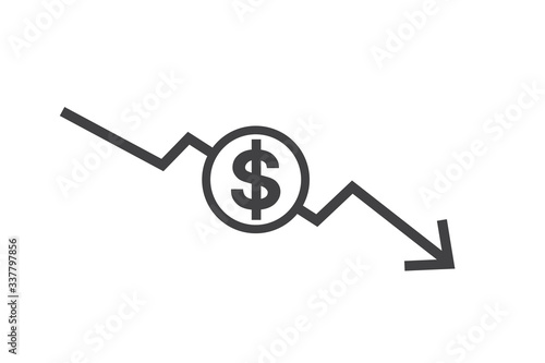 Money crisis icon vector, Dollar rate decrease vector line icon. Money symbol with down arrow. Lower cost icon. Business lost crisis decrease vector illustration. money crisis due to coronavirus 