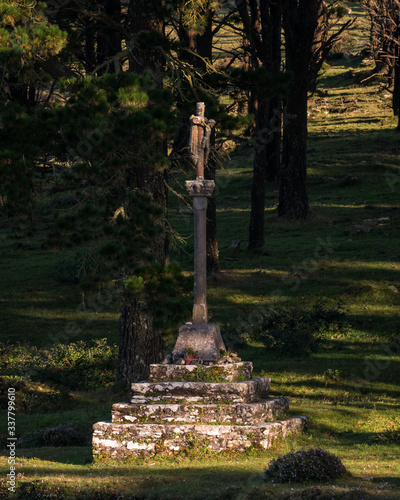 Medieval wayside cross/calvary on the way from Cedeira to San Andres de Teixido, Rias Altas, Galicia, Spain photo