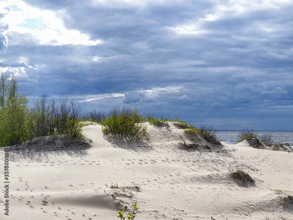 Summer day on Yagry island, White sea. Storm clouds over the White sea. Before the storm.