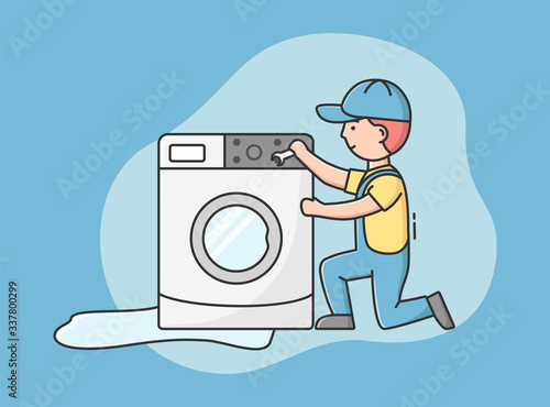 Concept Of Electrical Appliances Service. Professional Serviceman In Uniform Is Repairing Broken Leaking Washing Machine With Tools At Customer Home. Cartoon Linear Outline Flat Vector Illustration
