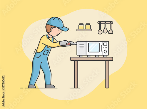 Concept Of Electric Appliances Service. Professional Worker Repairman In Uniform Fixes Microwave. Character Repairs Broken Kitchen Appliances At Home. Cartoon Linear Outline Flat Vector Illustration