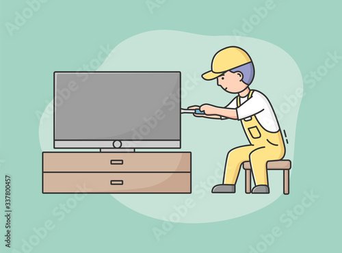 Concept Comprehensive Electrician Service. Professional Worker Repairman In Uniform Fixes TV. Character Repairs Or Installs Appliances At Home. Cartoon Linear Outline Flat Style. Vector Illustration