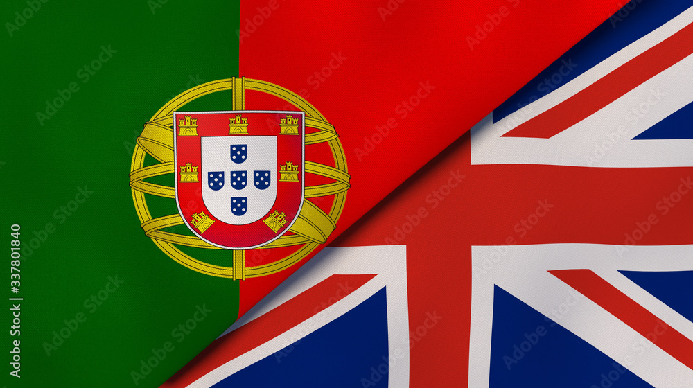 Fototapeta premium The flags of Portugal and United Kingdom. News, reportage, business background. 3d illustration