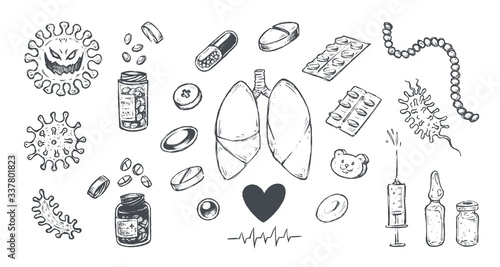 Medical icons with coronavirus Covid-19, healthy lungs, vaccine and pills isolated on white. Set of Healthcare and Virology symbols hand drawn sketch doodles vector illustration