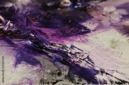 Fototapeta Naklejka Na Ścianę i Meble -  Purple black and white oil painting with flakes. Drops, lines, arrows, flowers close up. Horizontal and vertical photos. Background