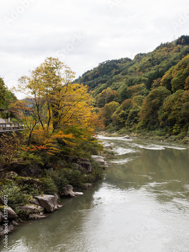 Scenic Kiso river valley in early fall with leaves starting to change color - in Agematsu, Nagano prefecture, Japan photo